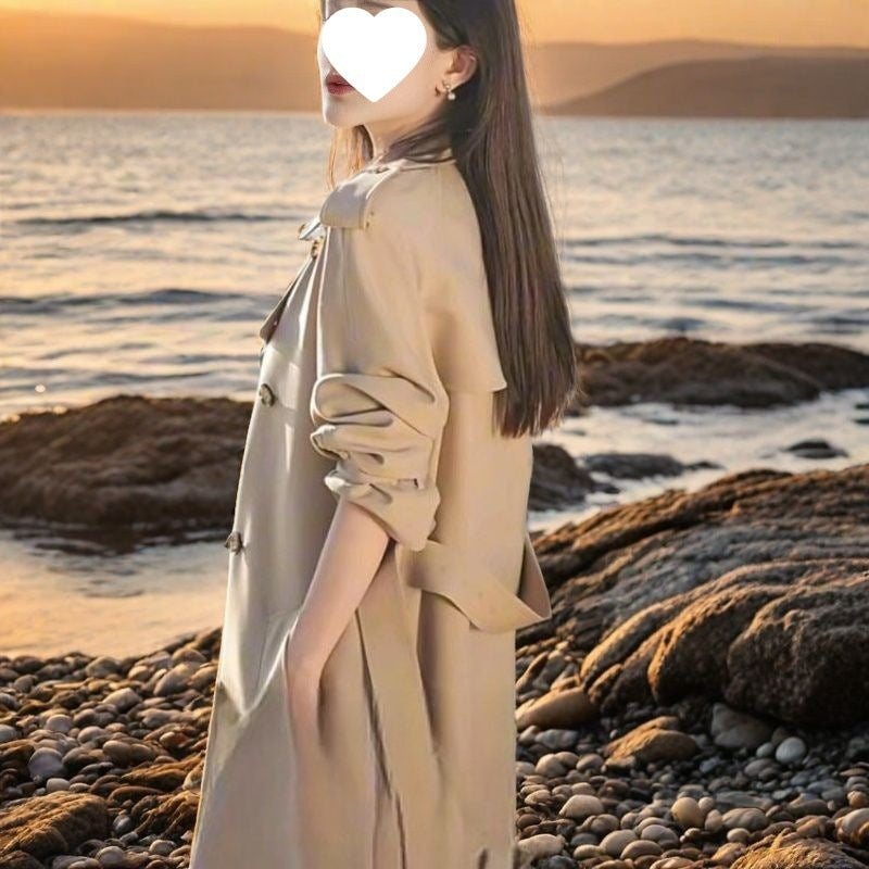 Korean-style mid-length trench coat jacket for petite women in a tailored silhouette