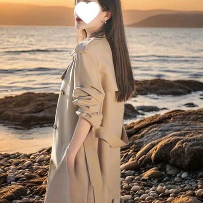 Korean-style mid-length trench coat jacket for petite women in a tailored silhouette
