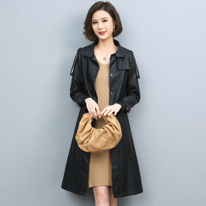 Women's leather trench coat with turn-down collar, drawstring waist, and loose long sheepskin design