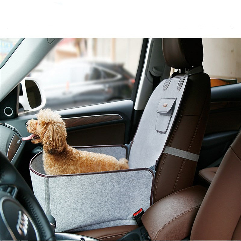 Retro dual-purpose pet car mat front seat cushion in dark fabric with adjustable straps