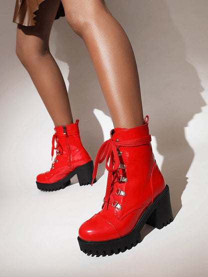 Patent leather chunky-heel riding boots with thick sole front, My Store