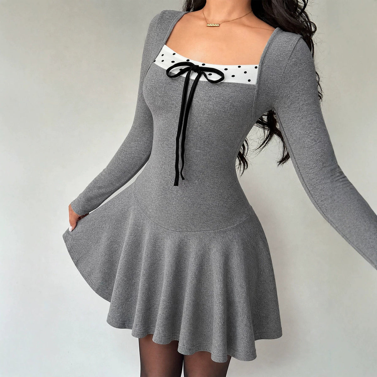 Square-neck long-sleeve polka-dot dress in a flattering silhouette, My Store collection