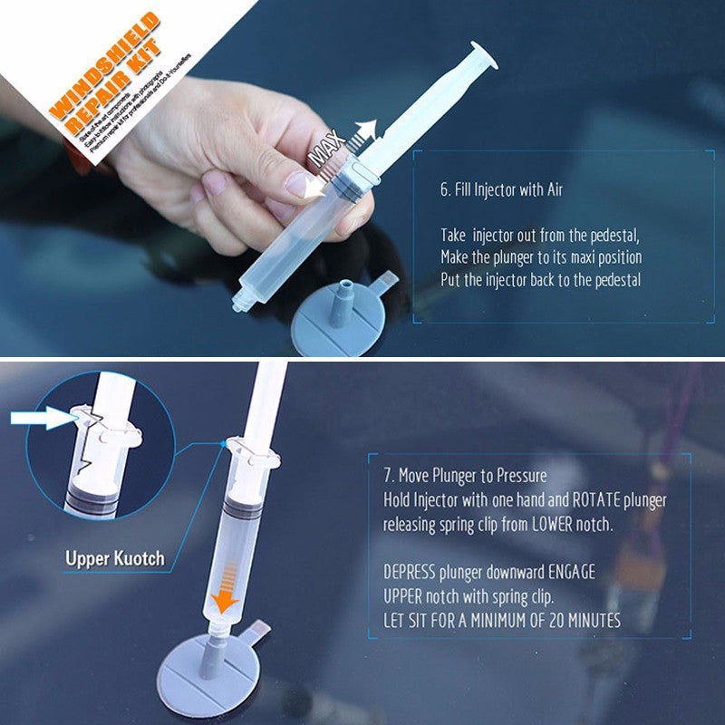 DIY car windshield repair kit with resin, applicator, and tools for repairing small windshield chips and cracks