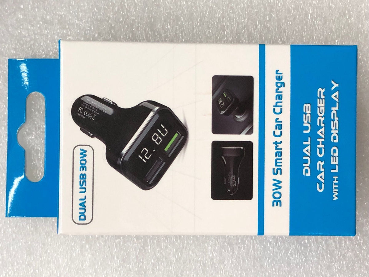 Car charger with digital display by My Store in a compact black design
