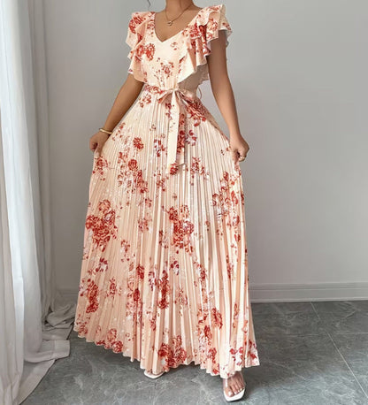 Women's V-neck printed ruffle A-line dress by My Store, featuring a flowing silhouette and patterned fabric