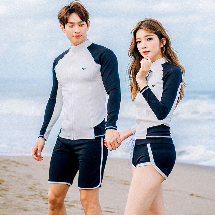 Couple diving suit split swimsuit for snorkeling, shown as matching swimwear set