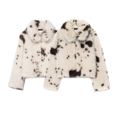 Women's artificial fur animal pattern coat in a stylish full-length design