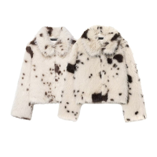 Women's artificial fur animal pattern coat in a stylish full-length design