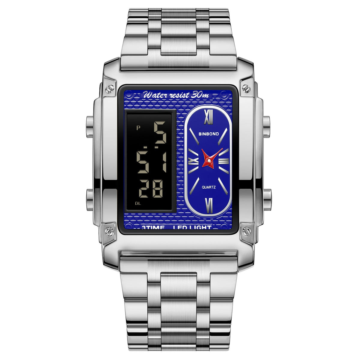 Men's creative steel belt electronic watch with double inserts and multifunction waterproof design