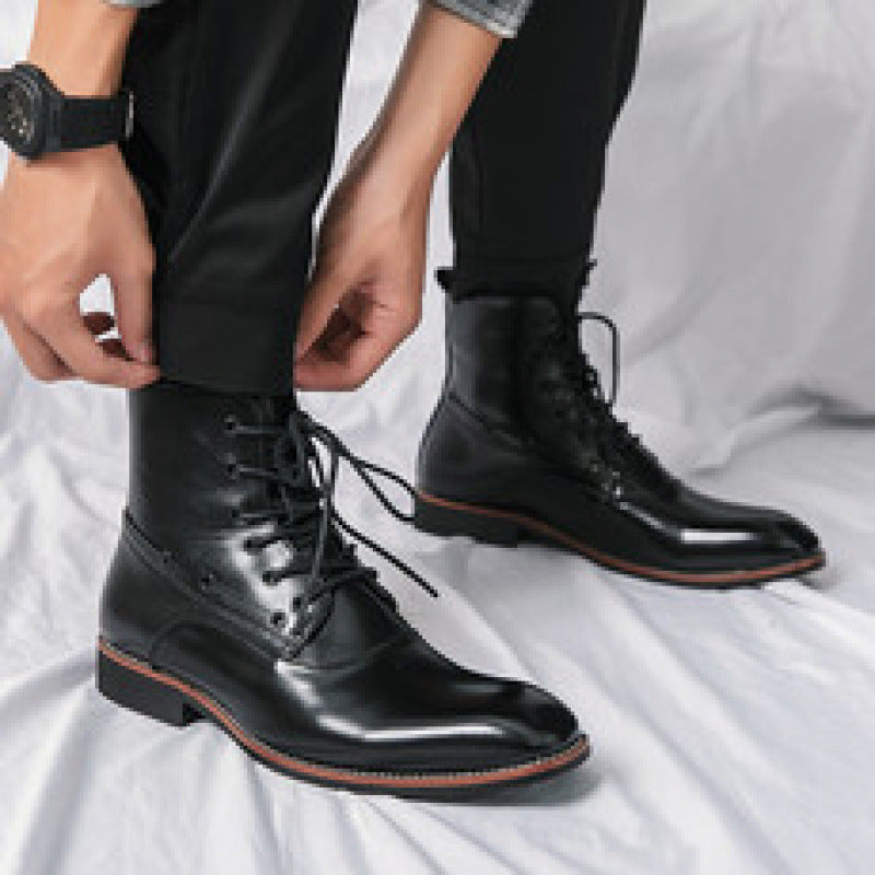 Men's British-style height-increasing leather boots with pointed toes