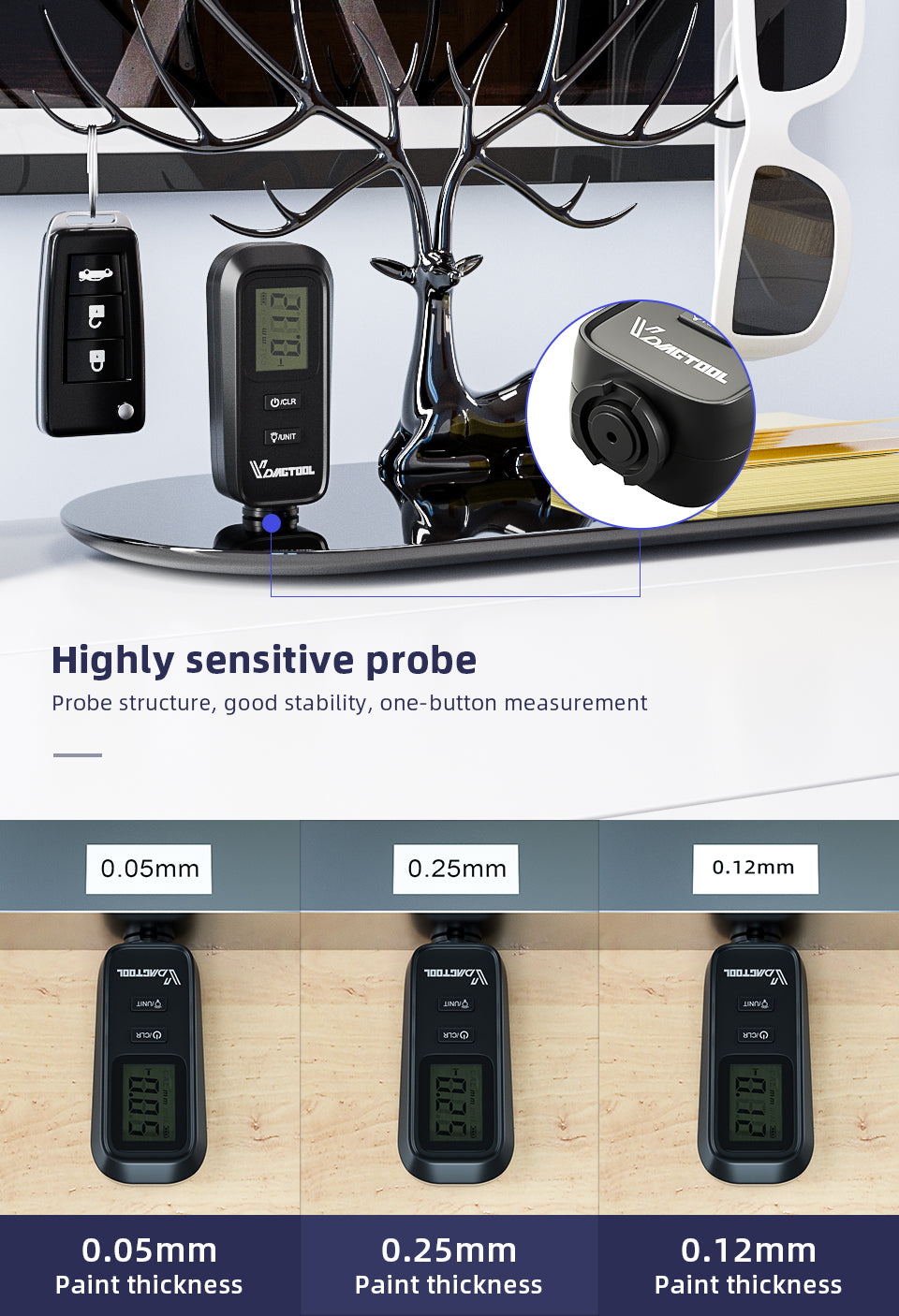 Automotive paint coating thickness gauge with digital display for measuring vehicle paint layers