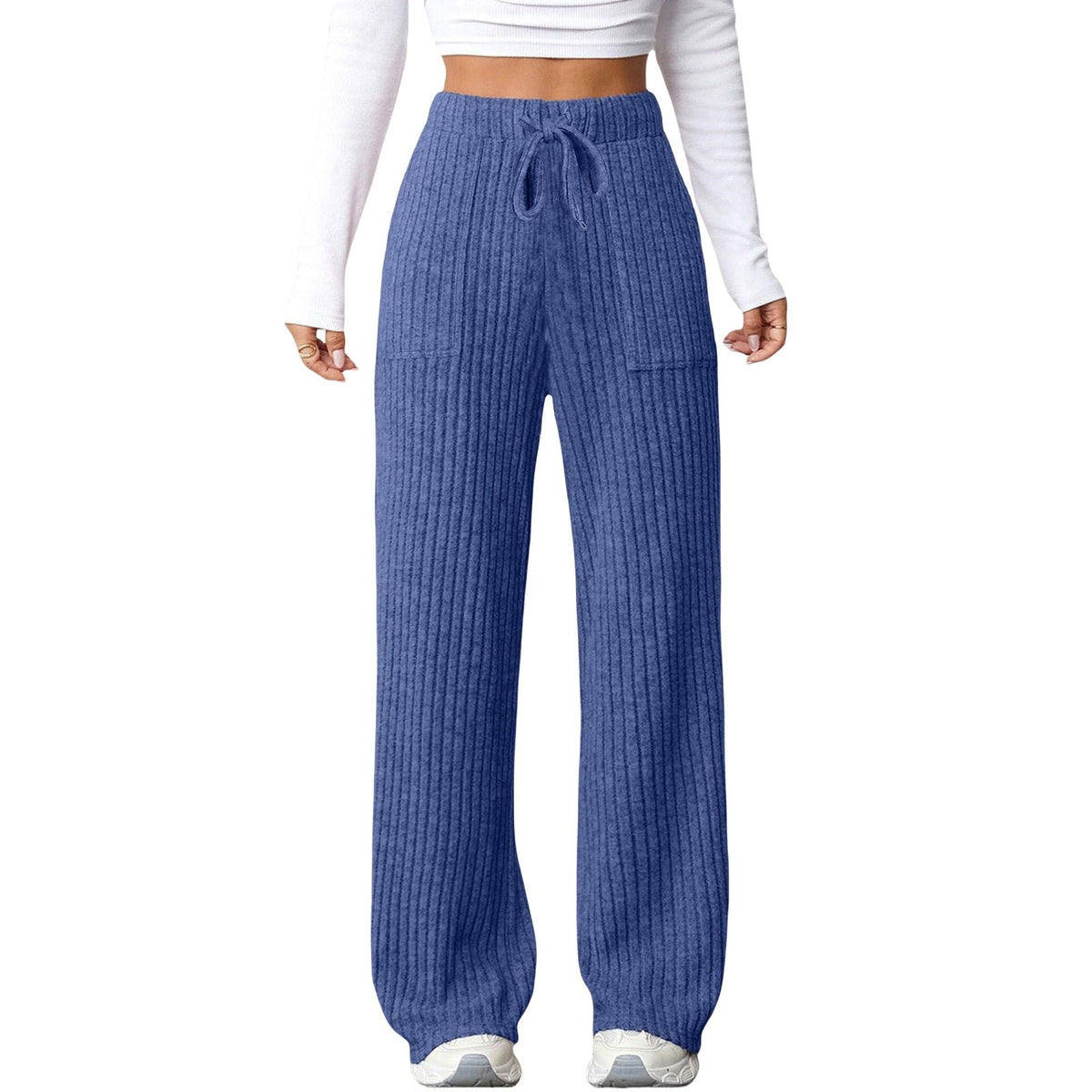 Women's solid-color ribbed pocket casual pants, front view