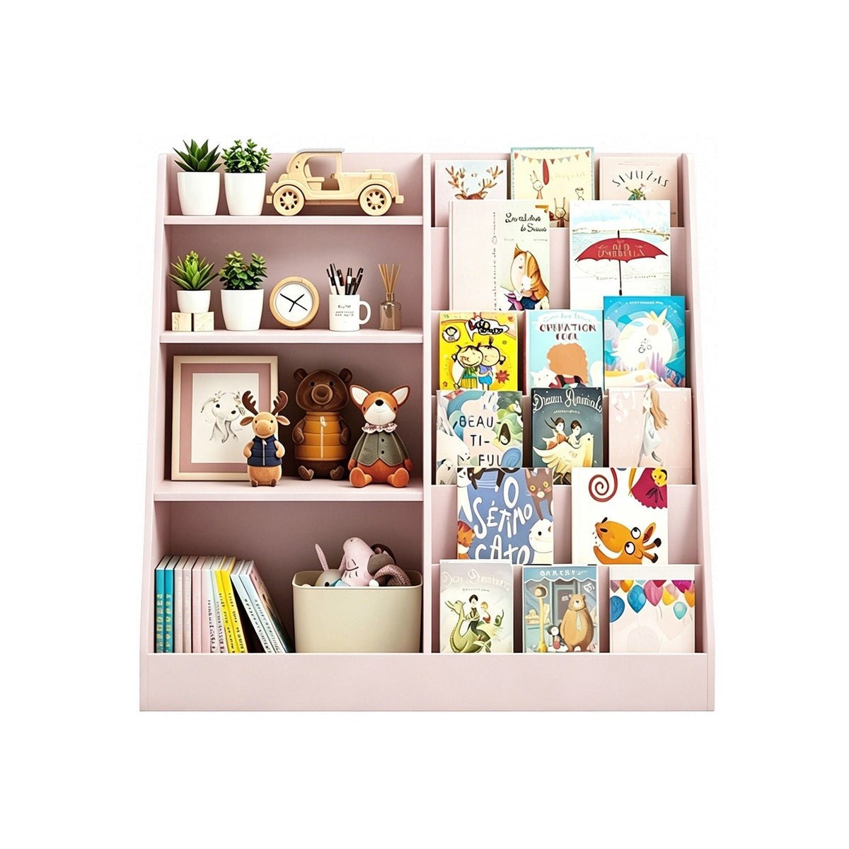 Kids bookshelf with toy storage organizer by GBruno Store, multi-tier design, 34.65 inches tall, featuring colorful shelves and compartments.