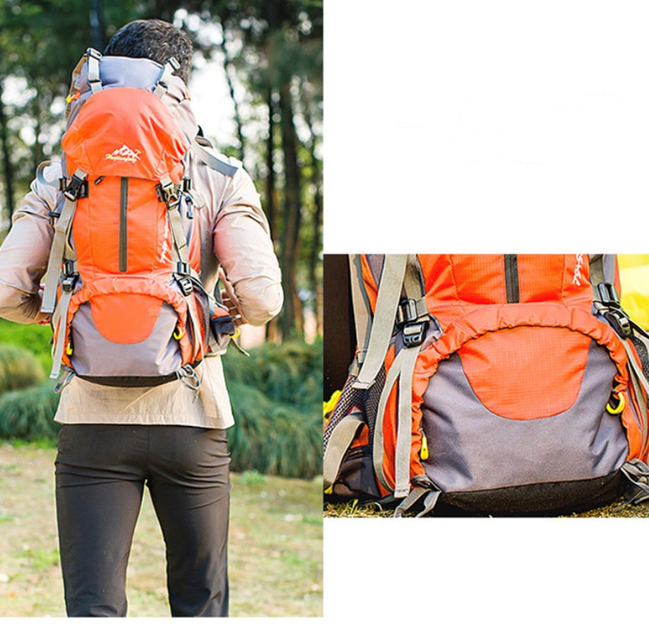 Mountaineering backpack travel bag in durable outdoor design, black and gray with multiple compartments