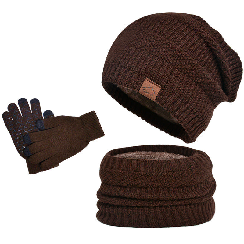 Fleece-lined winter warm hat, scarf, and gloves three-piece set in a coordinated style