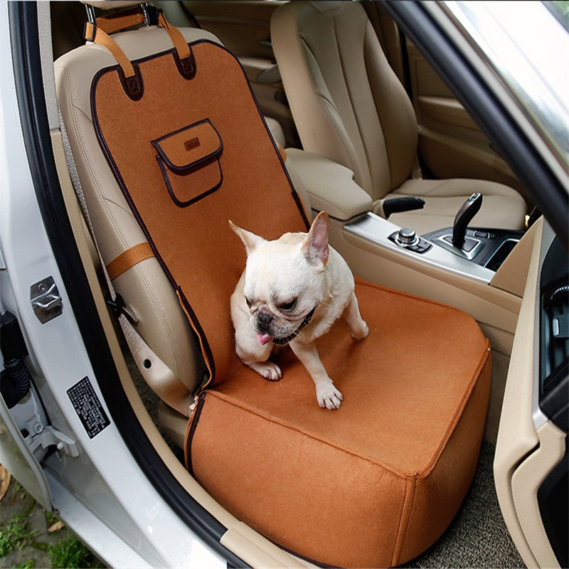 Retro dual-purpose pet car mat front seat cushion for dogs and cats, shown in car interior