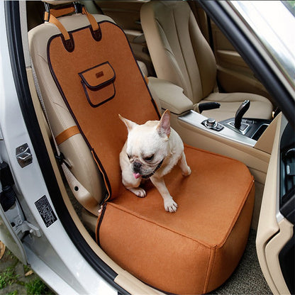 Retro dual-purpose pet car mat front seat cushion for dogs and cats, shown in car interior