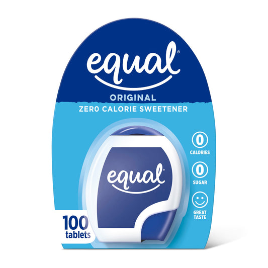 Equal Original Zero Calorie Sweetener tablets in a white container, ideal for sugar substitutes and dietary sweetening.