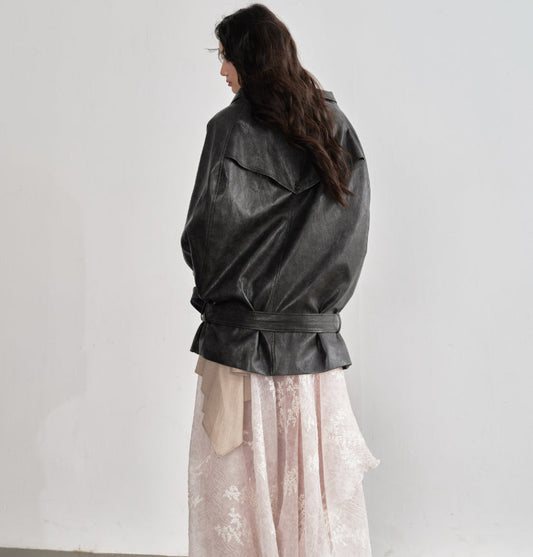 Ebony brown PU leather cloak-style cape jacket displayed from the front