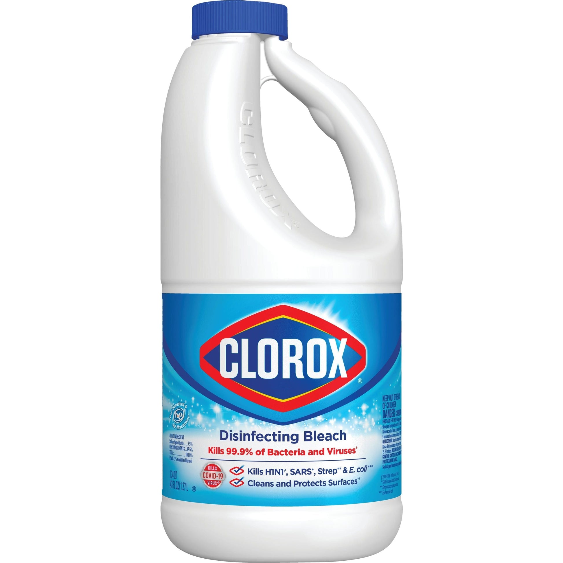 Clorox disinfecting bleach in a 64-ounce bottle, used for cleaning and disinfecting surfaces, brand Pasteur Pharmacy.