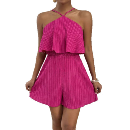 Stylish crinkled fabric halterneck ruffled jumpsuit in a flattering full-length design