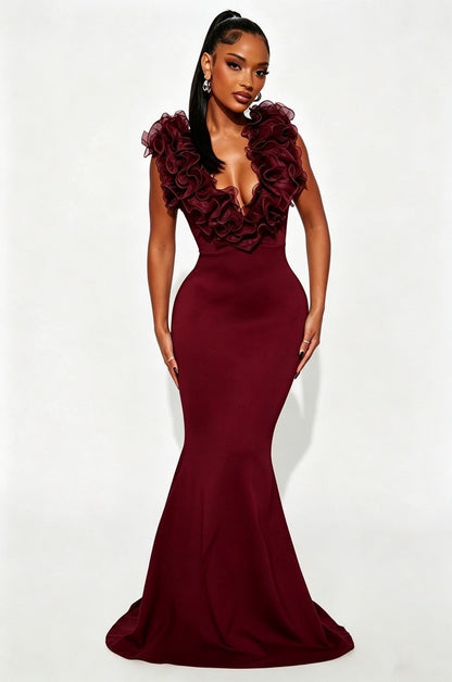 Women's deep V-neck backless long dress in flowing silhouette, front and back view
