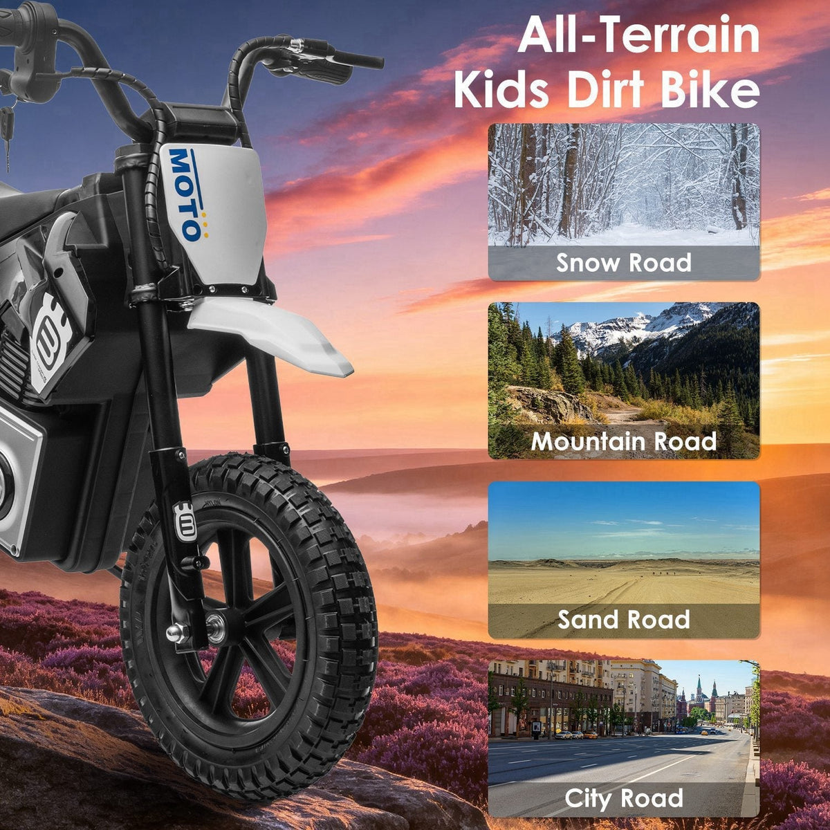 Kids riding the GBruno Store 24V electric motocross ride-on motorcycle, suitable for children ages 5-12, outdoors.