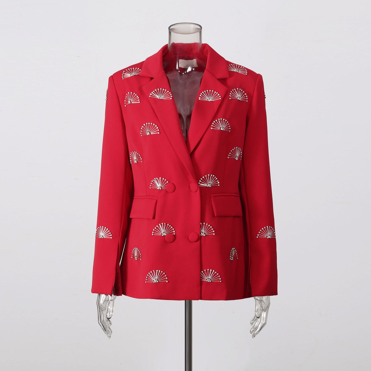Rhinestone fan motif double-breasted tailored blazer jacket with notched lapels