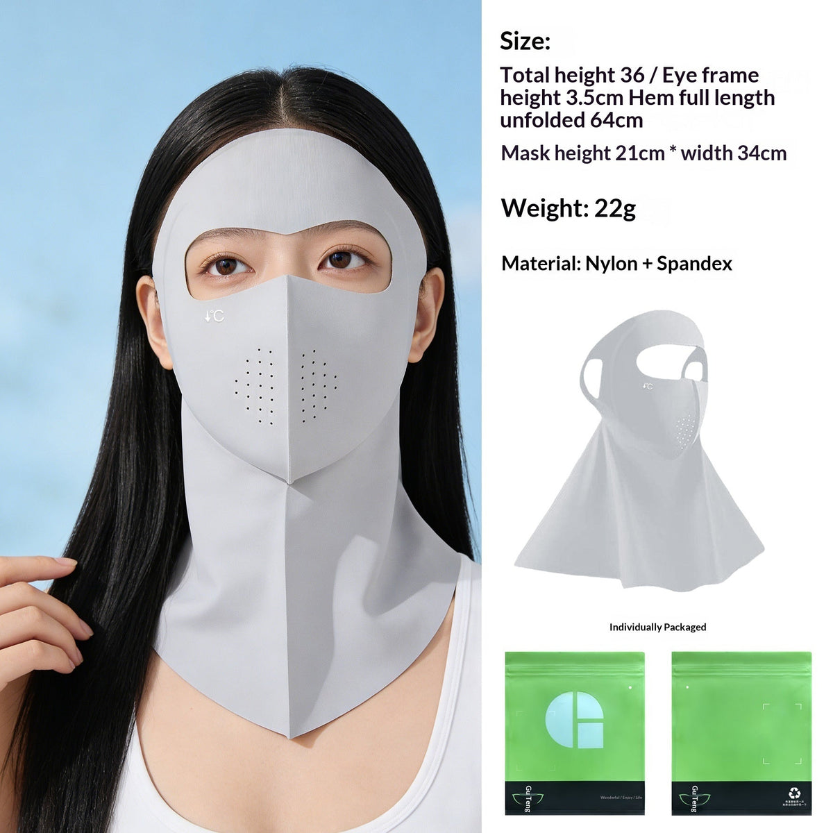 Woman wearing a summer ice silk sun-protective face mask with full face coverage