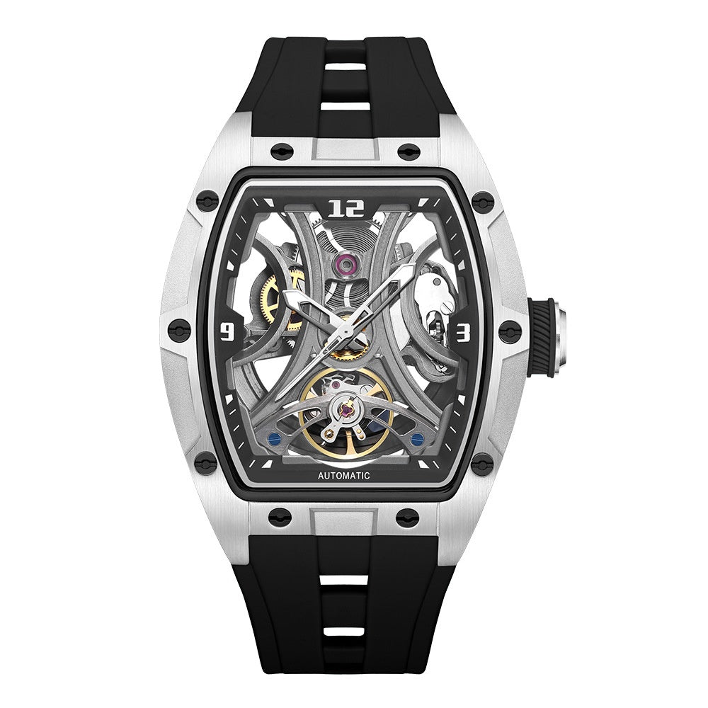 Barrel-shaped watch with steel case and full skeleton automatic movement, dial and mechanical details visible