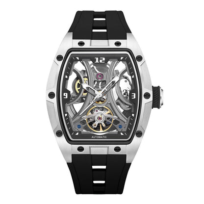 Barrel-shaped watch with steel case and full skeleton automatic movement, dial and mechanical details visible