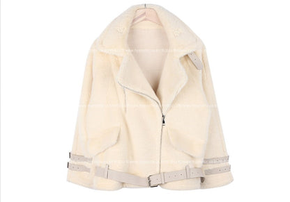 Women's leather coat with buckle and fur trim in a classic design