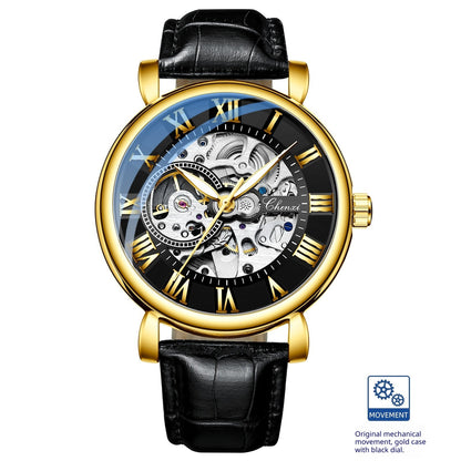 Hollow waterproof luminous automatic mechanical watch with exposed gear dial and stainless steel case