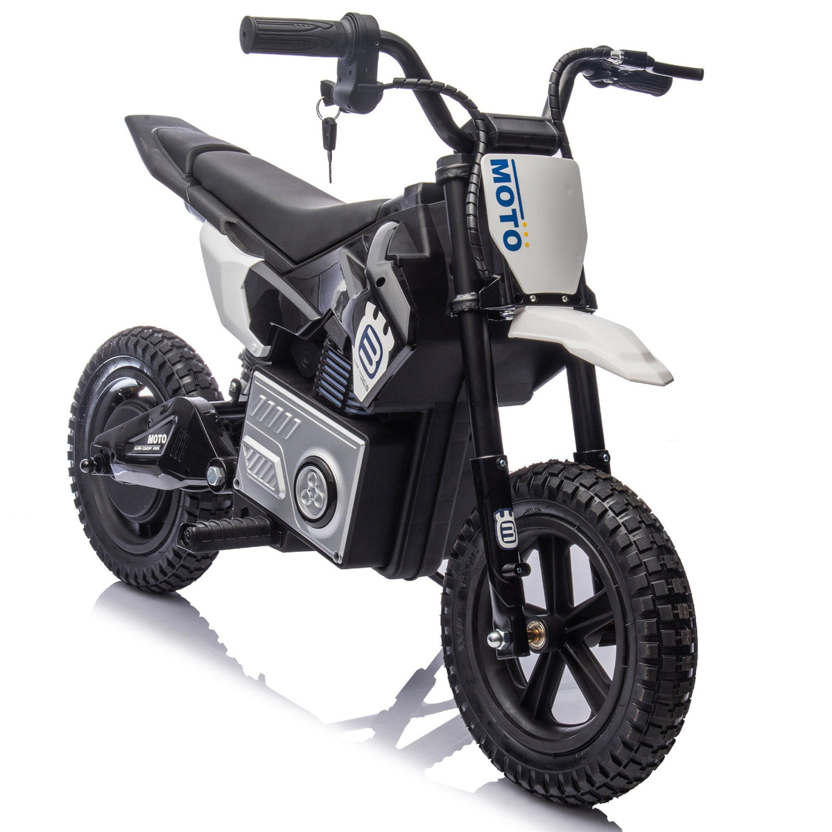 Yellow 24V electric motocross ride-on motorcycle for kids, featuring handlebar controls and realistic motocross design.