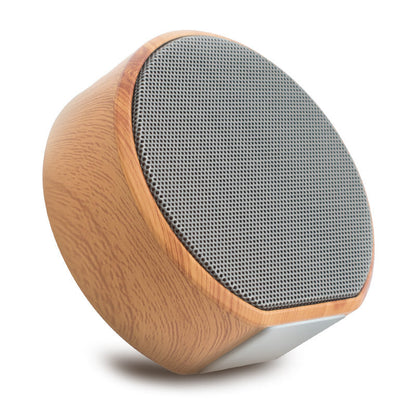 Wood grain Bluetooth speaker with natural wood finish and compact design