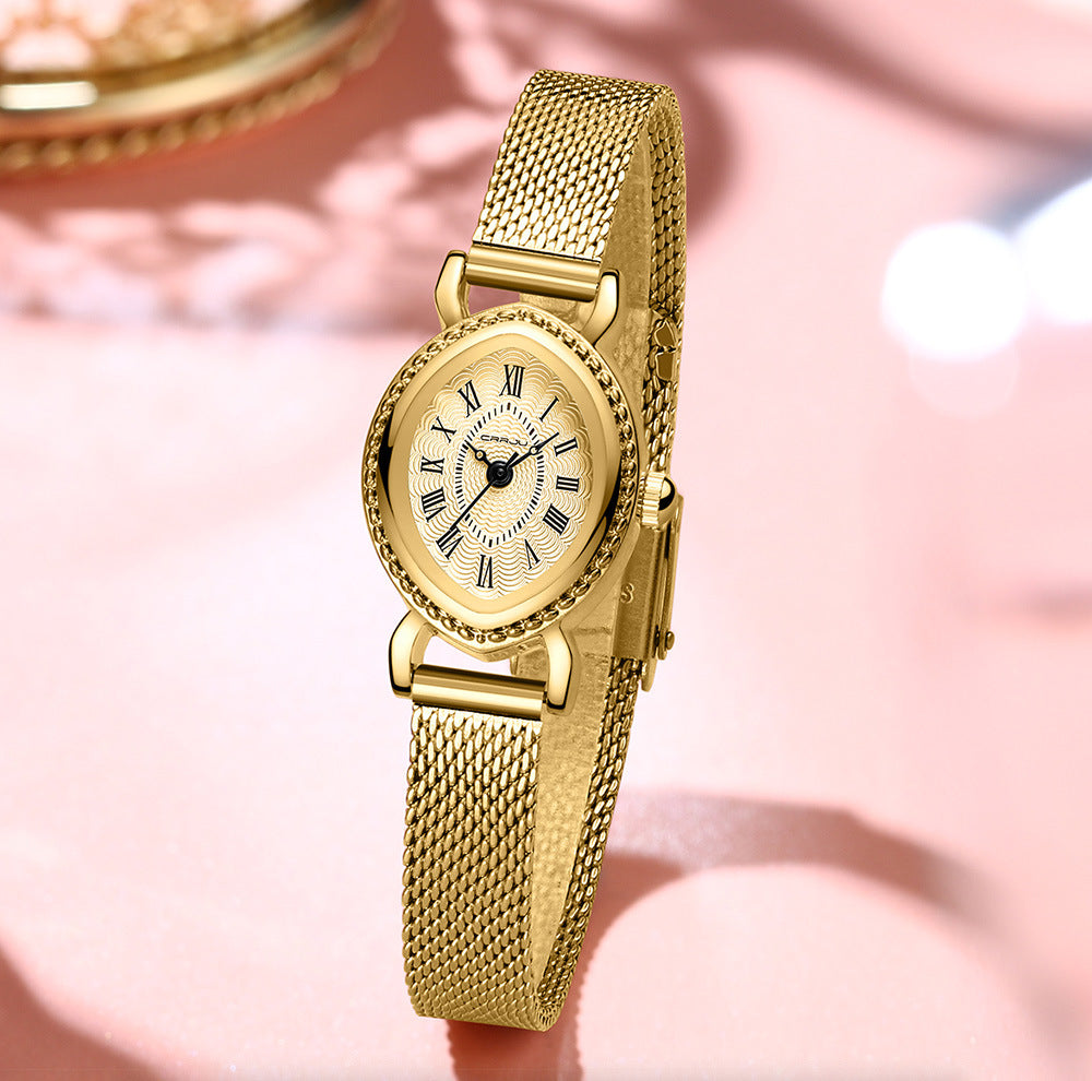 Women's Roman numeral waterproof watch with a classic analog dial and adjustable wrist strap