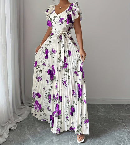 Women's V-neck printed ruffle A-line dress by My Store