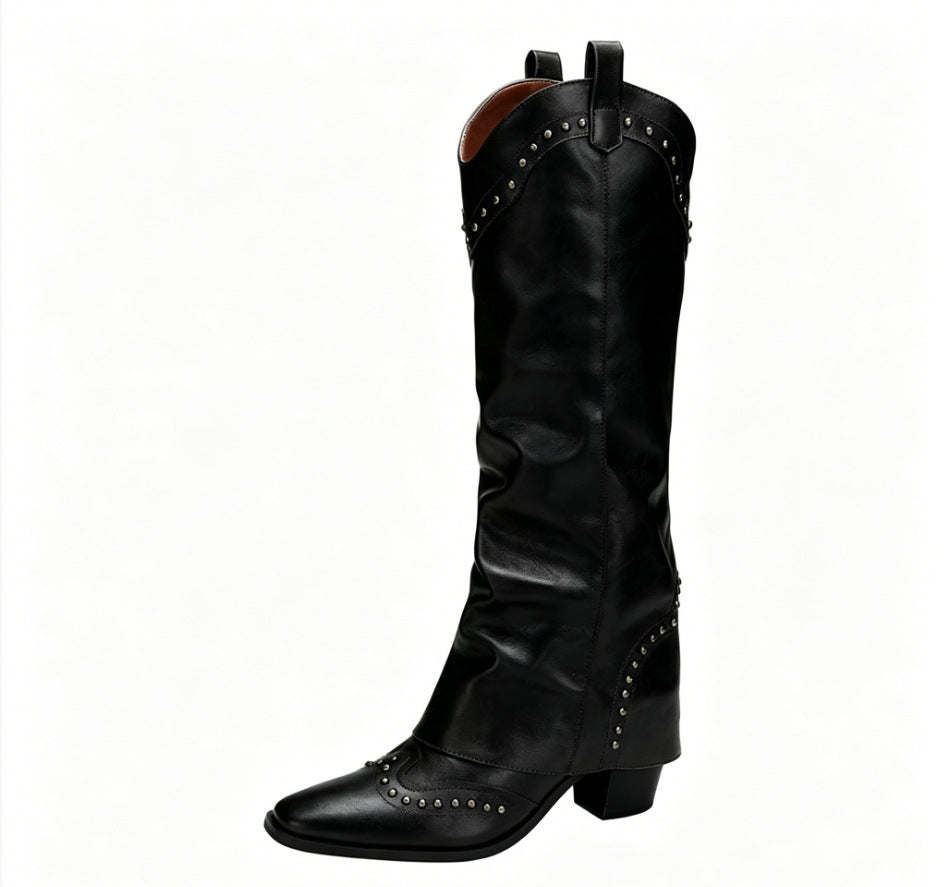 Retro pointed-toe rivet plus-size western boots in a classic cowboy style