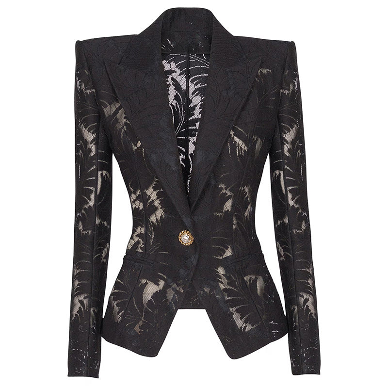 Sheer leaf jacquard single-button cropped blazer jacket in a structured silhouette