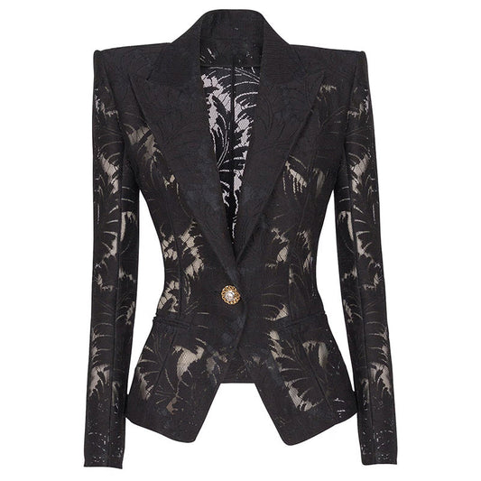 Sheer leaf jacquard single-button cropped blazer jacket in a structured silhouette