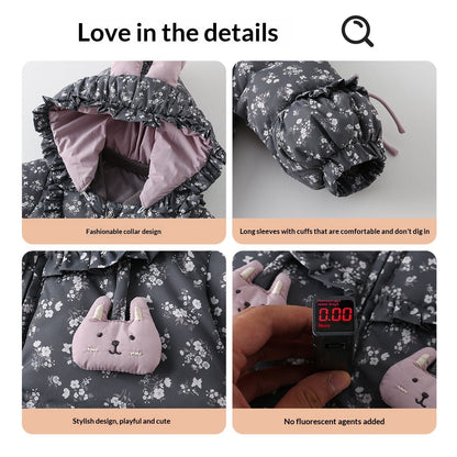 Baby girl winter down coveralls by My Store, full-body padded snow suit with hood and warm insulation