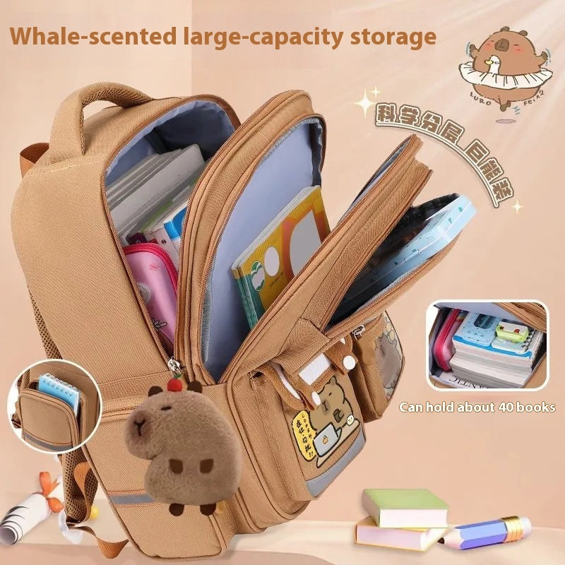 Cartoon water dolphin and capybara elementary school backpack with colorful character design