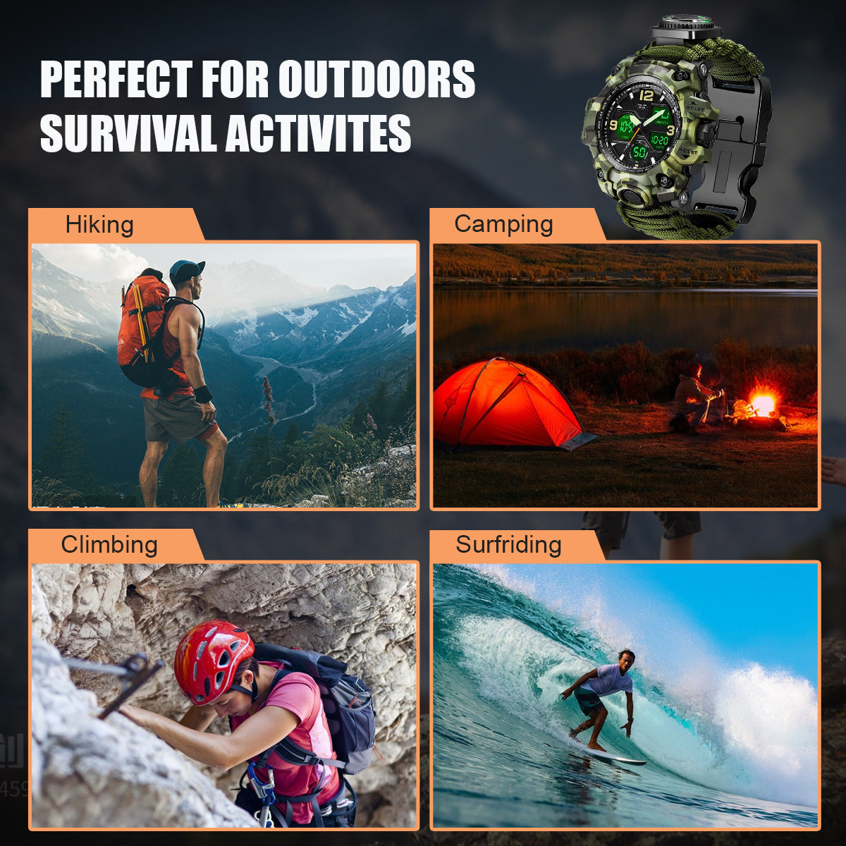 Waterproof dual display electronic tactical watch with digital time and rugged black design