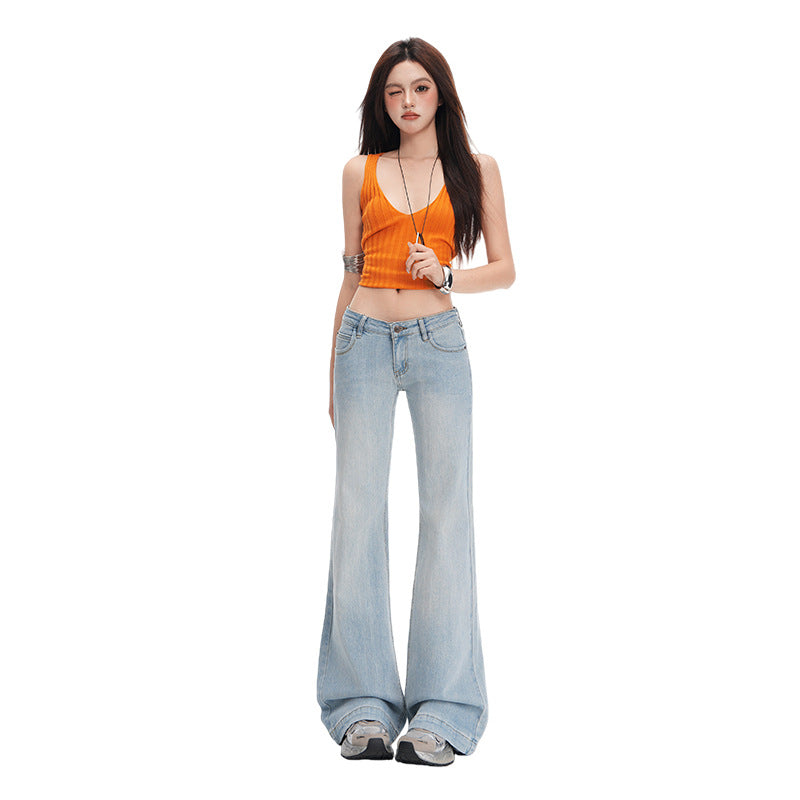 Low waist skinny jeans in a sleek denim finish, front view