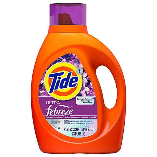 Tide Ultra Febreze liquid laundry detergent with Spring and Renewal scent in a 73 fl oz bottle, designed for 52 loads.