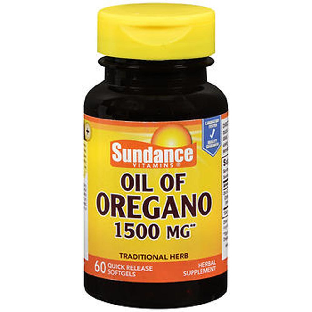 Sundance Vitamins Oil of Oregano 2000 mg gelcaps in bottle, dietary supplement for immune support, 60 capsules.