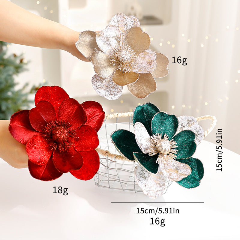 Christmas flower ornaments for festive Christmas tree decoration in red, white, and green hues