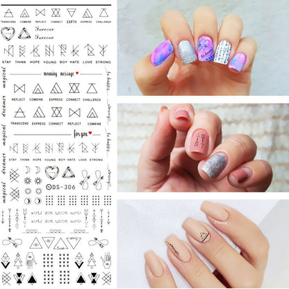Geometric DIY art nail polish stickers in assorted patterns, close-up view