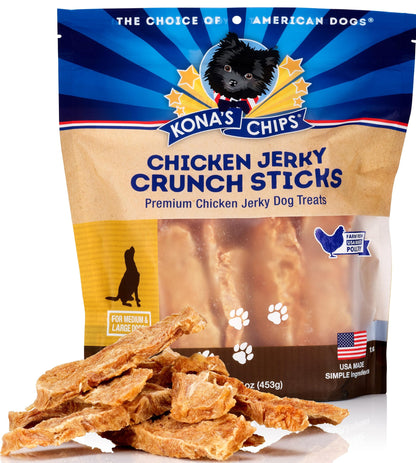 USA Chicken Jerky Crunch Sticks for Dogs by BACKUPMYFILESNOW® showing crunchy chicken jerky sticks in a pet treat package