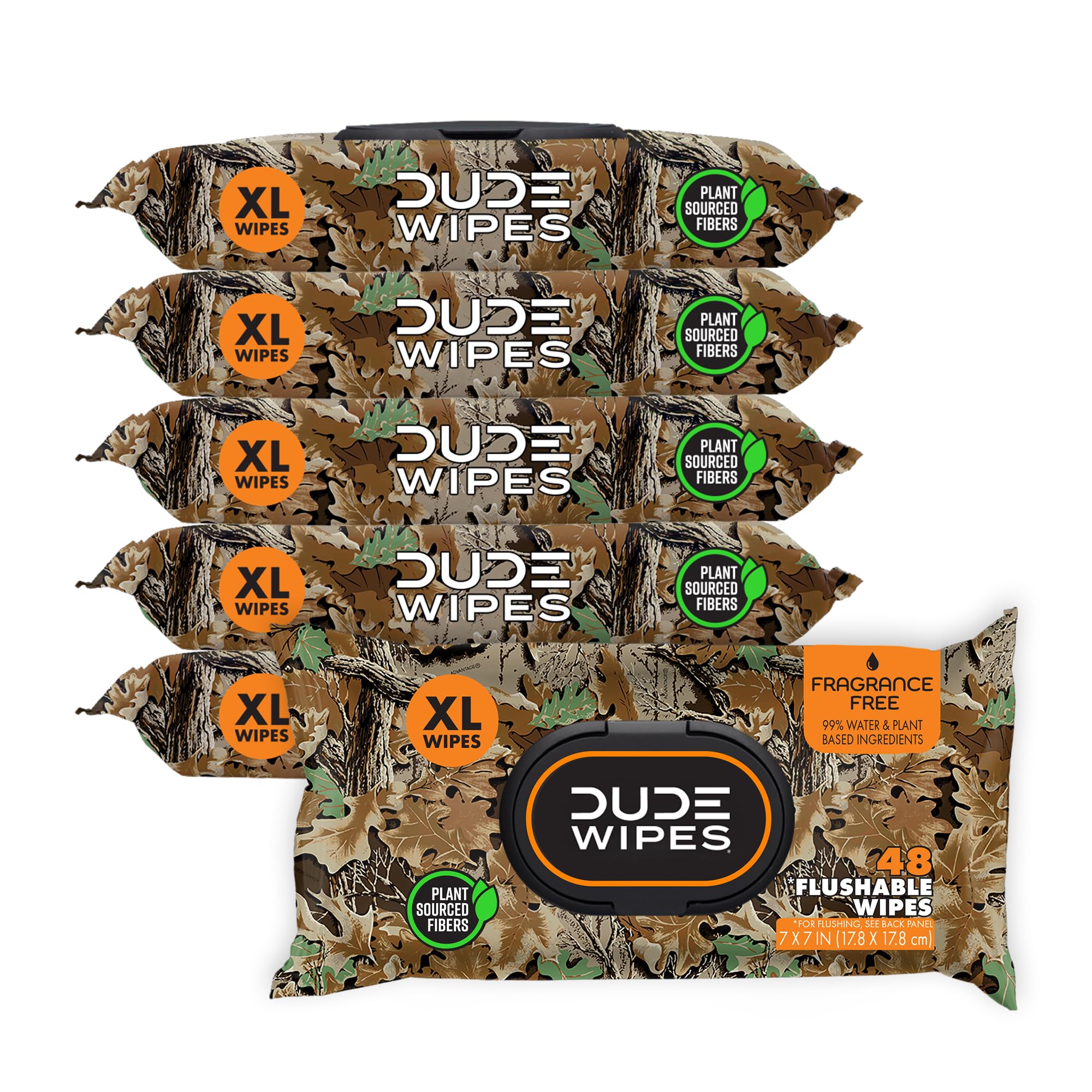 DUDE Wipes - Flushable Wipes - 6 Pack 288 Wipes - Extra Large Camouflage Unscented Wet Wipes with Vitamin E & Aloe